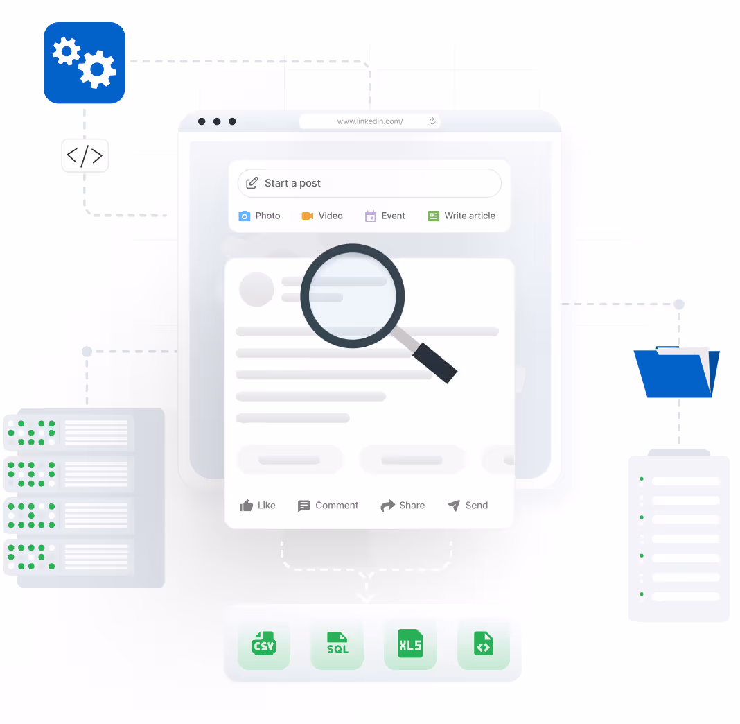 Illustration of a LinkedIn post with a magnifying glass over text, connected by dashed lines to icons of gears, code, database servers, a folder, and export formats CSV, SQL, XLS, and code.