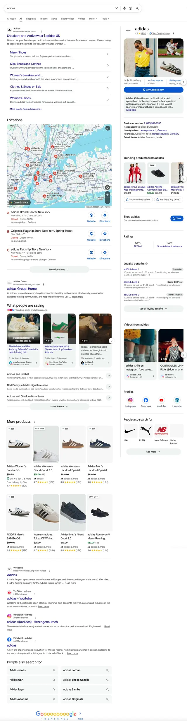 Google search results page for Adidas showing website links, store locations in New York on a map, product listings with prices and ratings, Adidas company info, social media profiles, trending products, customer ratings, loyalty benefits, and related brand searches.