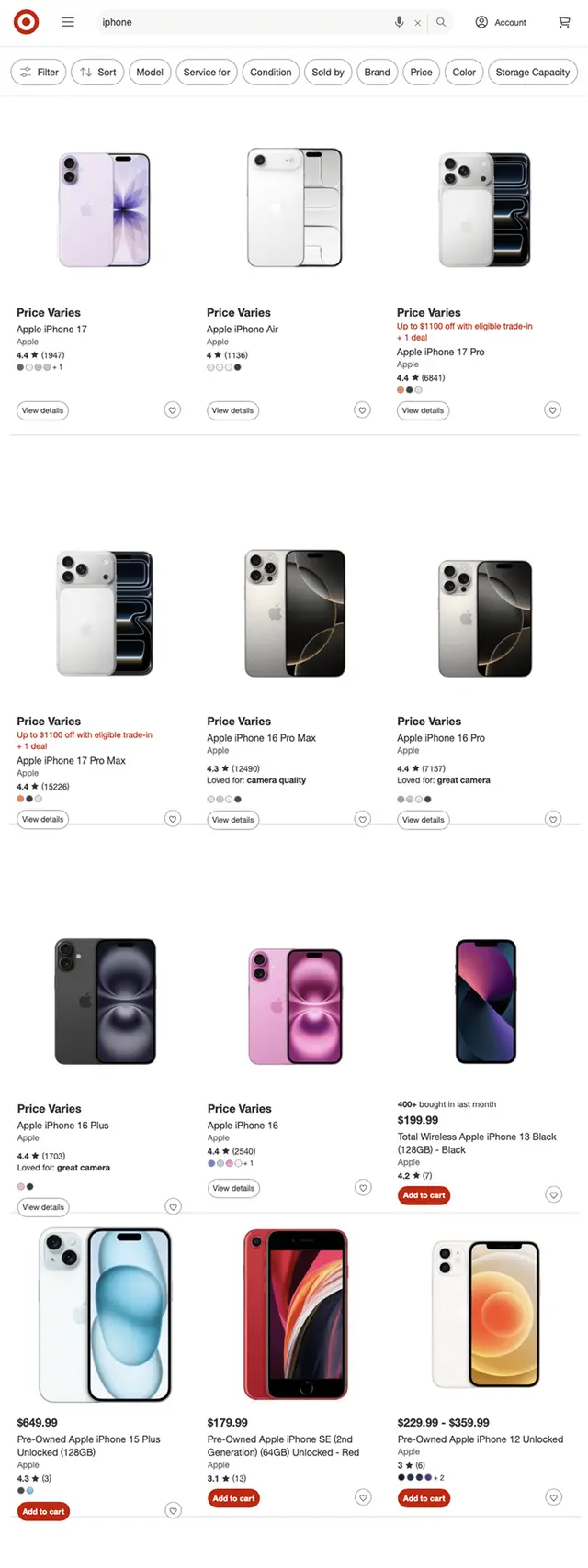 Target.com iPhone product listing page showing various Apple iPhone models with images, ratings, prices, and purchase options.