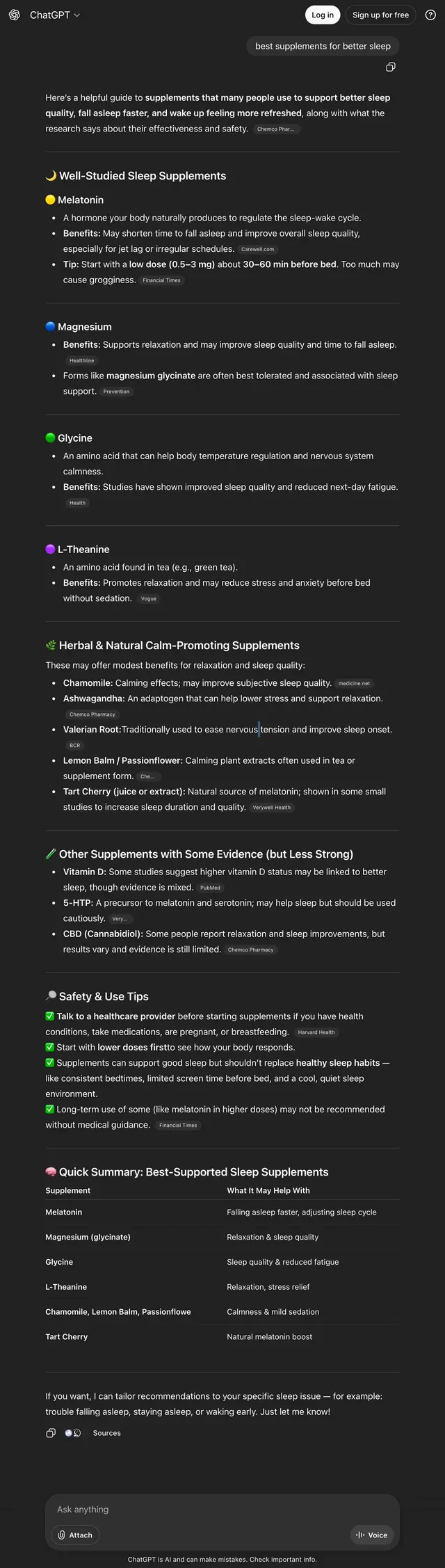 ChatGPT response listing well-studied sleep supplements like melatonin, magnesium, glycine, and L-theanine with their benefits, herbal supplements, other less strong supplements, safety tips, and a summary table of best-supported sleep supplements.