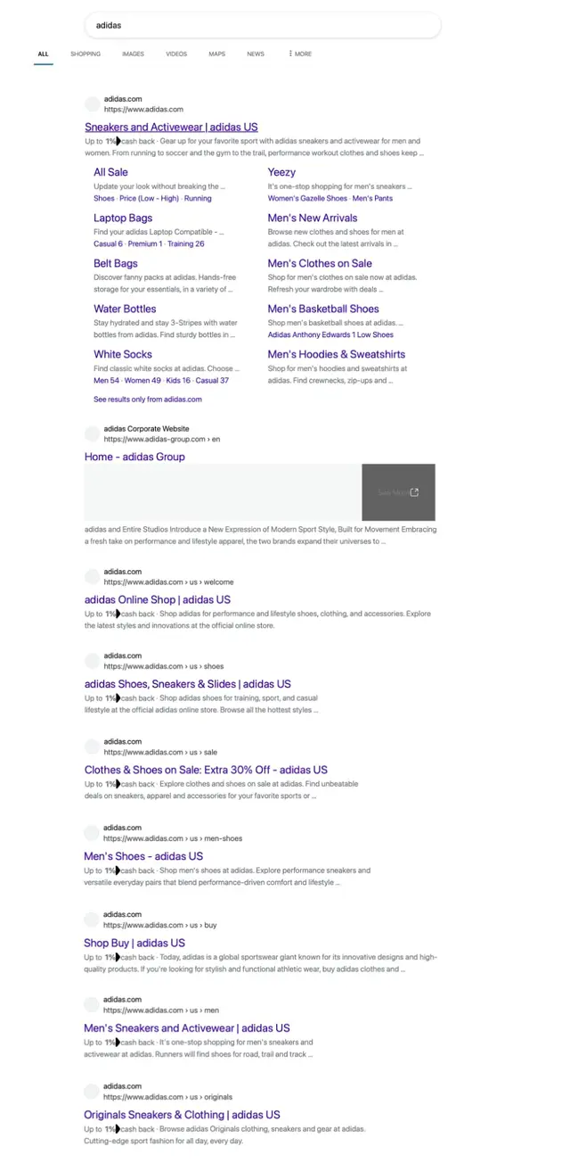 Search engine results page showing multiple adidas.com shopping links for sneakers, activewear, shoes, bags, belts, water bottles, and men's clothing with cash back offers.