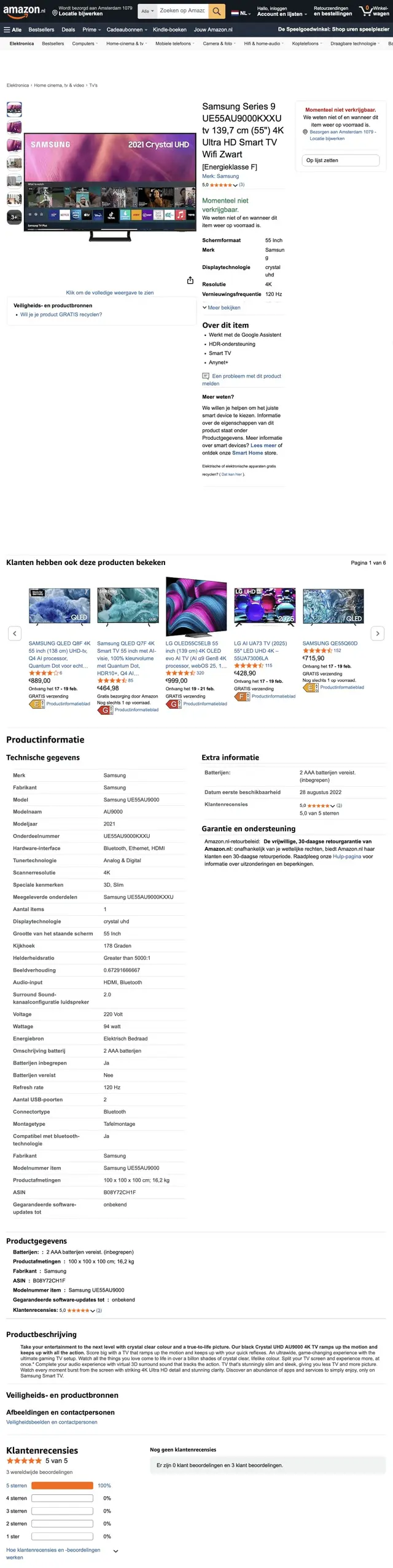 Amazon product page showing Samsung Series 9 UE55AU9000KXXU 55-inch 4K Crystal UHD Smart TV in black with detailed specifications, price, related products, and customer reviews.