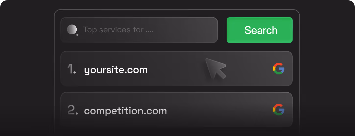 Search interface showing top services results with yoursite.com ranked first and competition.com second, accompanied by Google icons.