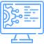 Blue computer screen icon displaying code with lines and symbols.