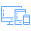 Blue icon of desktop computer, tablet, and smartphone representing responsive design.