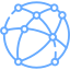 Blue digital network map with interconnected nodes and curved connecting lines.