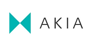 Akia company logo with stylized teal bowtie shape to the left of the text.