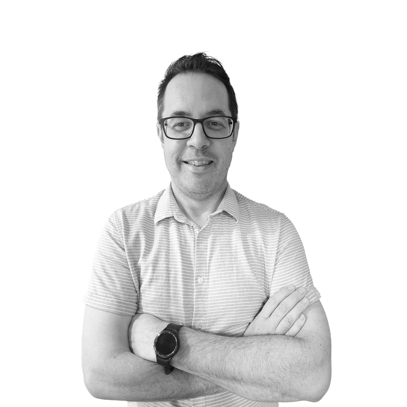 Smiling man with glasses and short dark hair wearing a striped short-sleeve shirt and black smartwatch, arms crossed.