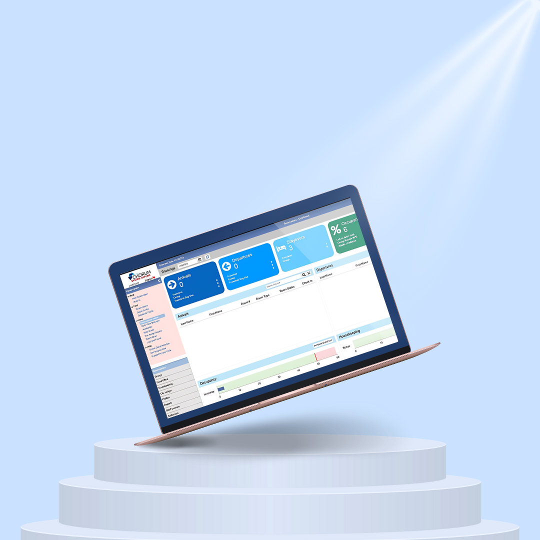 Laptop displaying hotel management software with bookings overview and occupancy statistics on a blue background with spotlight.