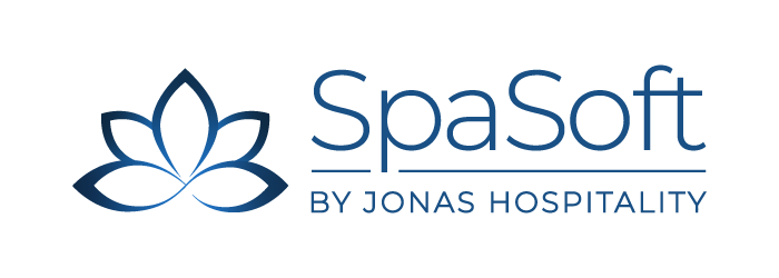 SpaSoft logo with stylized lotus flower and text 'SpaSoft by Jonas Hospitality' in dark blue.