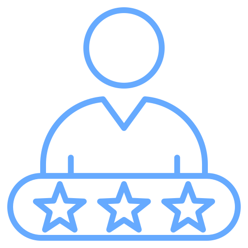 Blue line icon of a person behind a panel with three stars, symbolizing customer satisfaction or user rating.