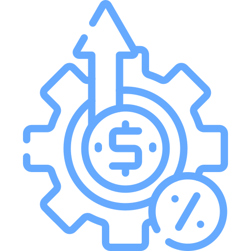 Blue gear with dollar sign in center, upward arrow, and percentage symbol representing financial growth or cost efficiency.