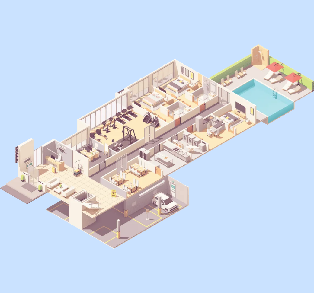 Isometric floor plan of a hotel featuring lobby, gym with equipment, three bedrooms, dining area, kitchen, laundry room, parking space with car, and outdoor pool with lounge chairs.