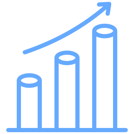 Bar chart with three vertical bars increasing in height from left to right, with an upward trending arrow above.