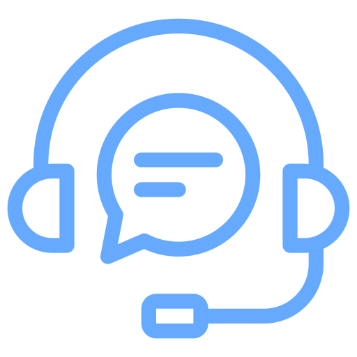 Blue line icon of a headset with a microphone and a speech bubble representing customer support or call center.