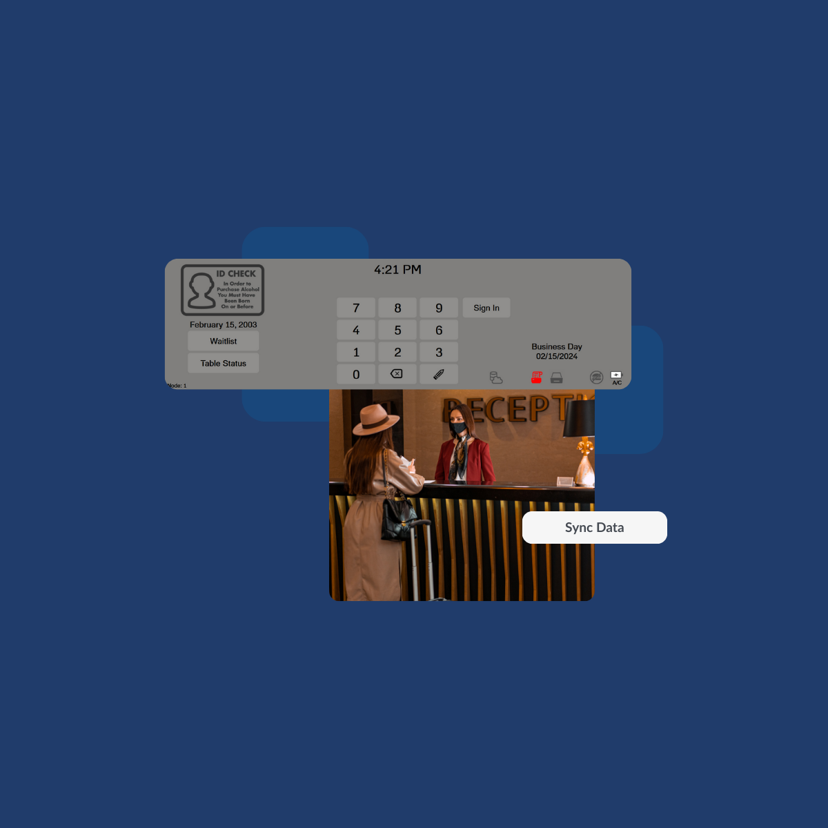 Hotel check-in interface screen showing date, sign-in keypad, and a masked receptionist assisting a female guest with luggage at reception.