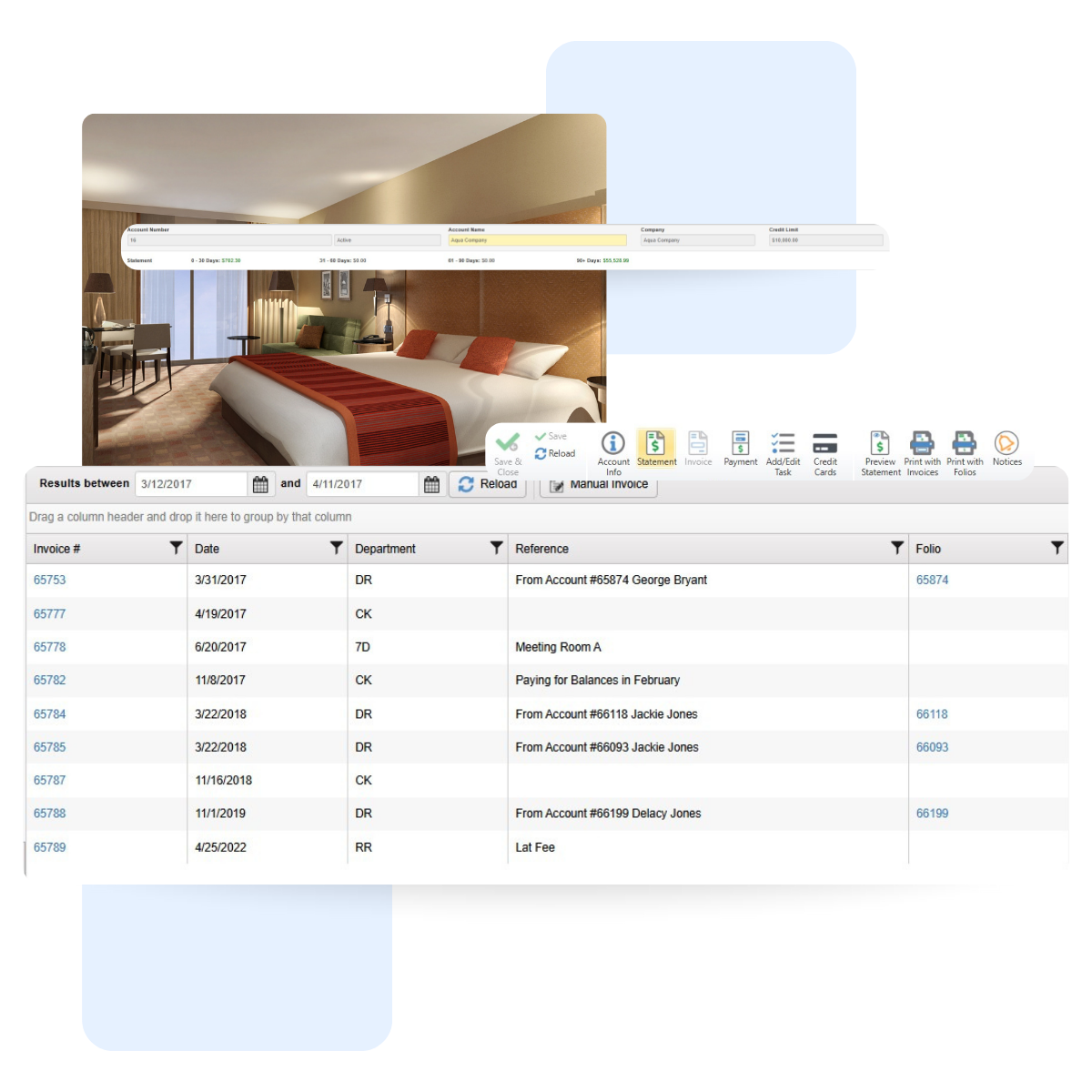 Hotel room with a large bed, orange runner, and seating area. Overlaid is a hotel invoice management software screen showing invoice details including invoice numbers, dates, departments, references, and folio numbers.
