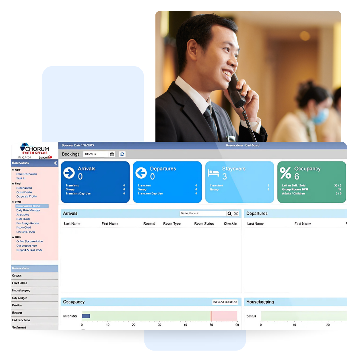 Hotel front desk employee in suit talking on a phone with a computer screen showing hotel booking dashboard stats including arrivals, departures, stayovers, and occupancy.
