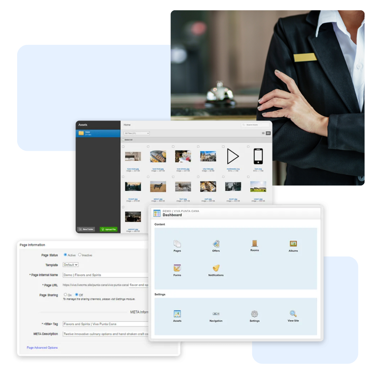Collage showing a person in a black suit with crossed arms, digital asset management interface, website page settings, and a dashboard with content and settings icons.