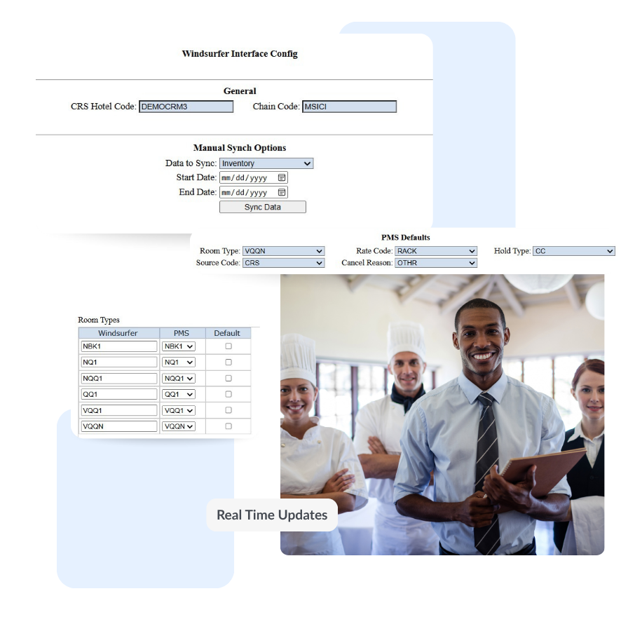 Collage showing a Windsurfer Interface Config screen with hotel and chain codes, manual sync options, room types settings, and a smiling hospitality team of chefs and a manager holding a clipboard with 'Real Time Updates' label.