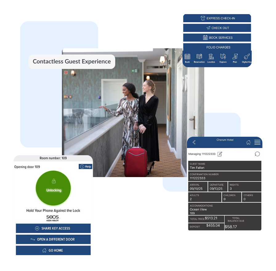 Two women with suitcase in hotel hallway, surrounded by mobile app screens showing contactless check-in, room unlocking, and booking details.