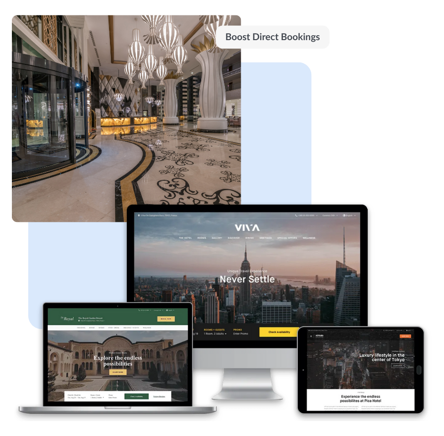 Elegant hotel lobby with decorative floor and large vases, alongside computer, laptop, and tablet showing hotel website homepages.