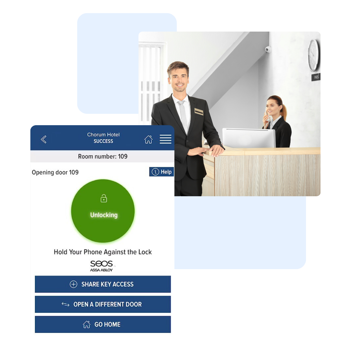 Male hotel staff in a black suit smiling at reception desk while female staff talks on the phone, alongside a mobile app screen showing a hotel door unlocking interface for room 109.