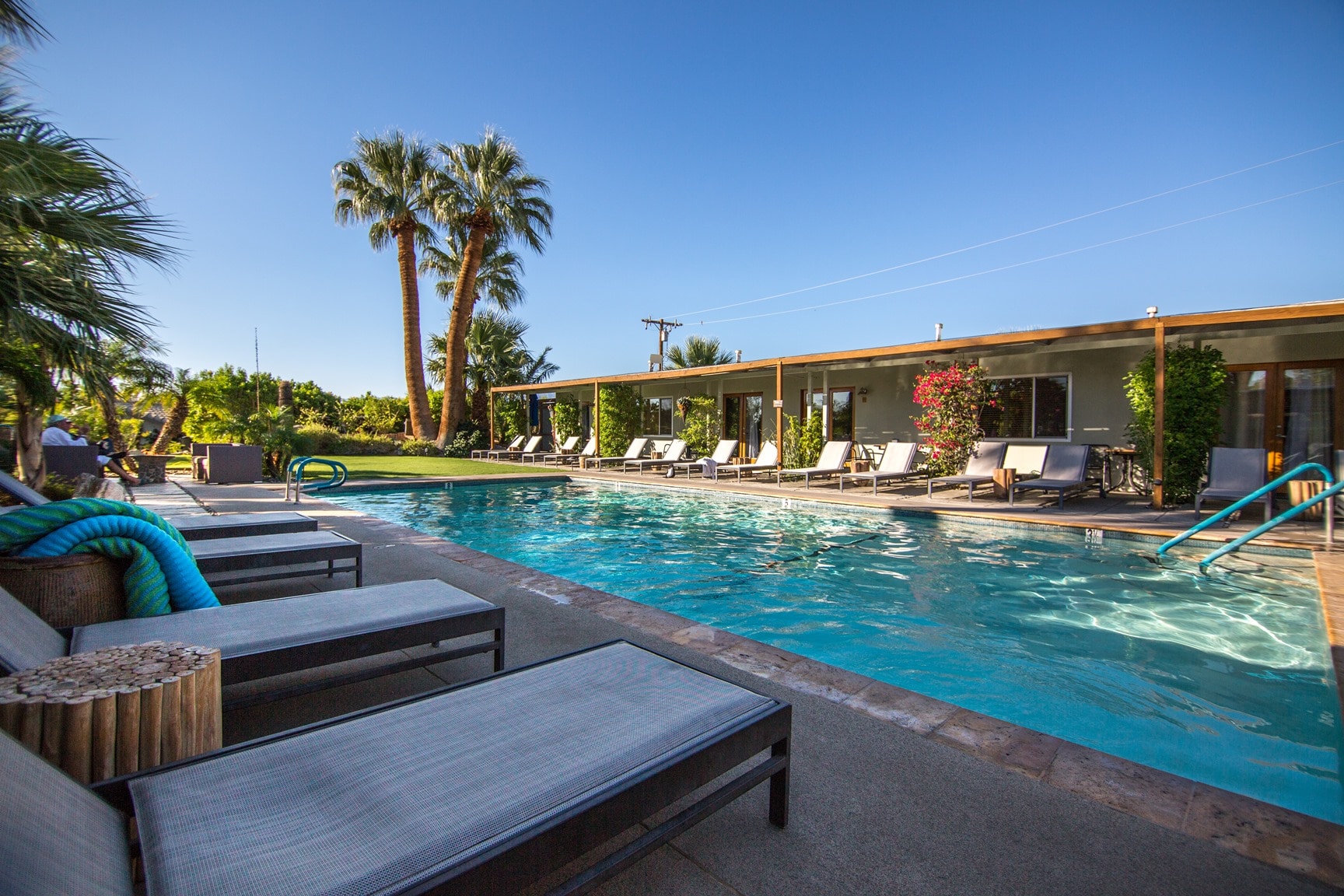 Outdoor swimming pool with lounge chairs and palm trees under clear blue sky.
