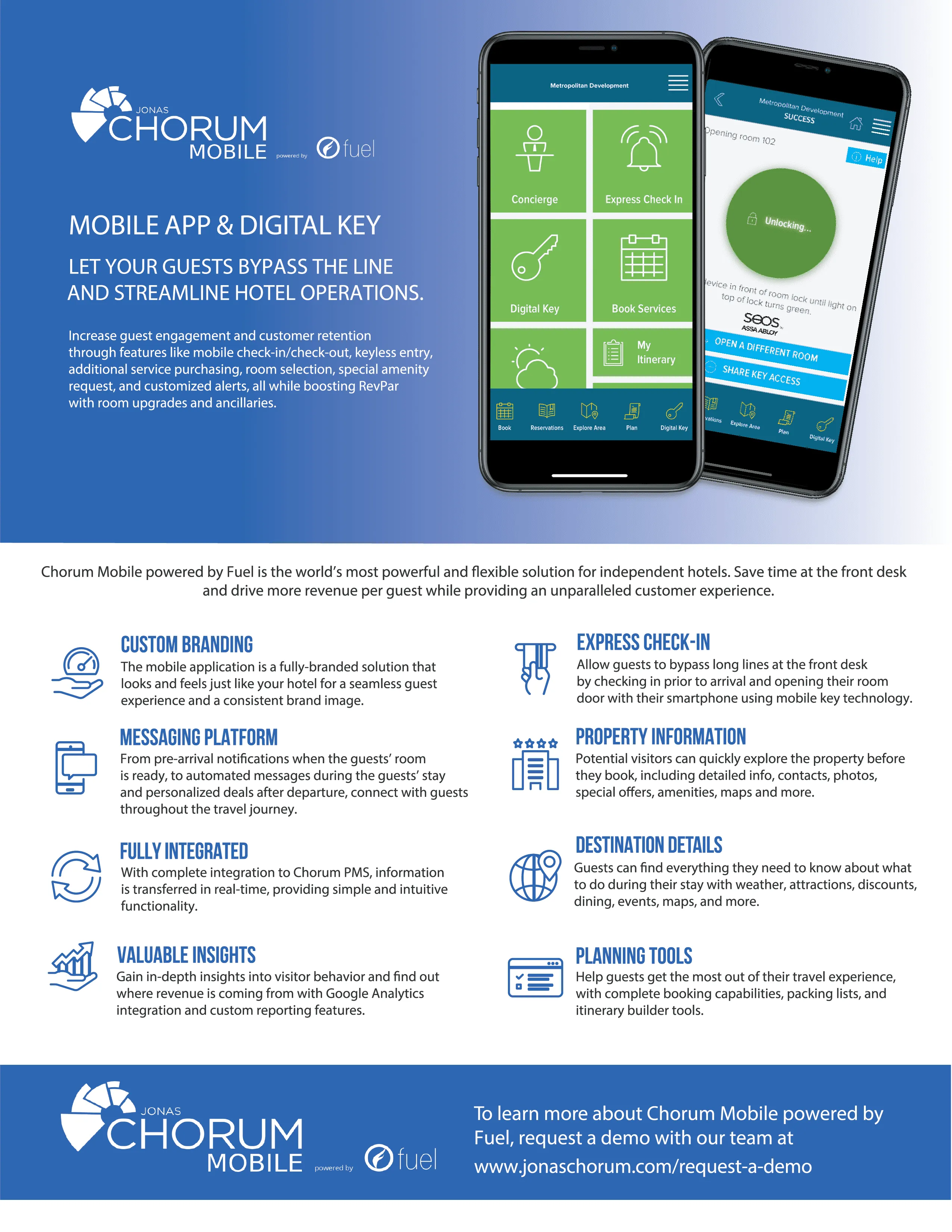 Chorum Mobile app brochure showing mobile app interface with features like concierge, express check-in, digital key, and booking services, plus descriptions of benefits including custom branding, messaging, integration, insights, express check-in, property info, destination details, and planning tools.