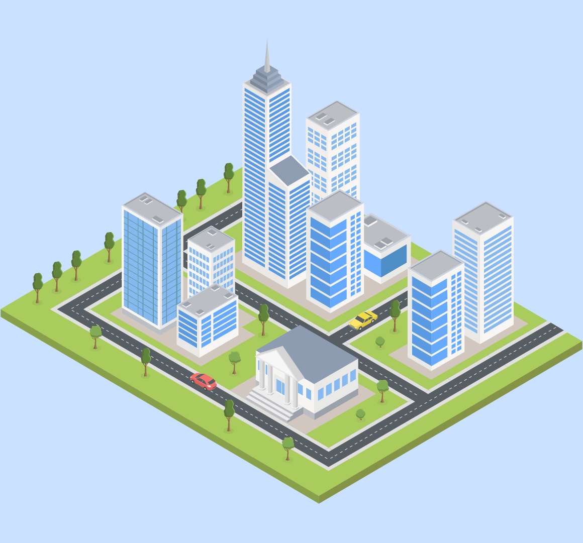 Isometric illustration of a small city block with multiple modern high-rise buildings, a courthouse, trees, roads, and two cars.