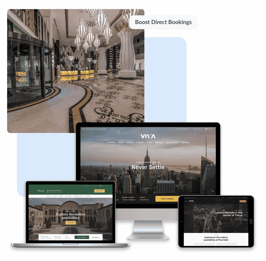 Hotel website builder interface with responsive design and integrated booking engine