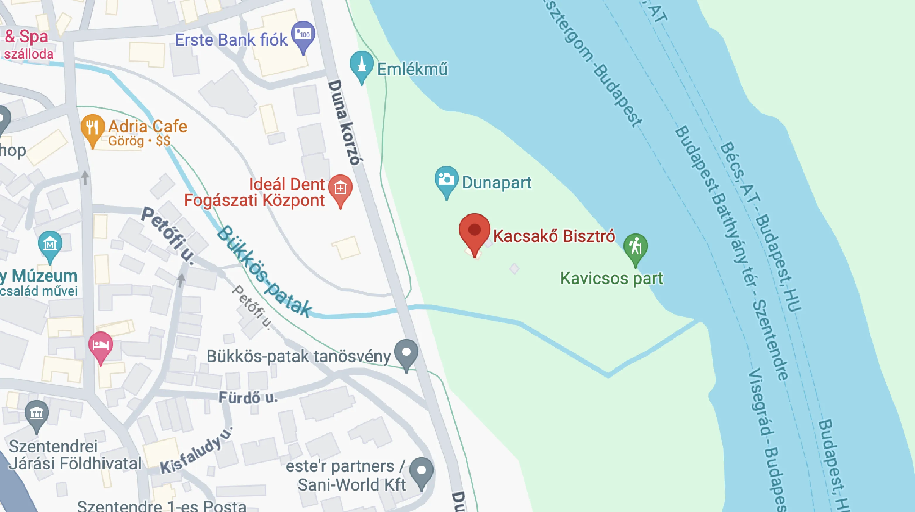 Térkép Szentendréről a Kacsakő Bisztró megjelölésével