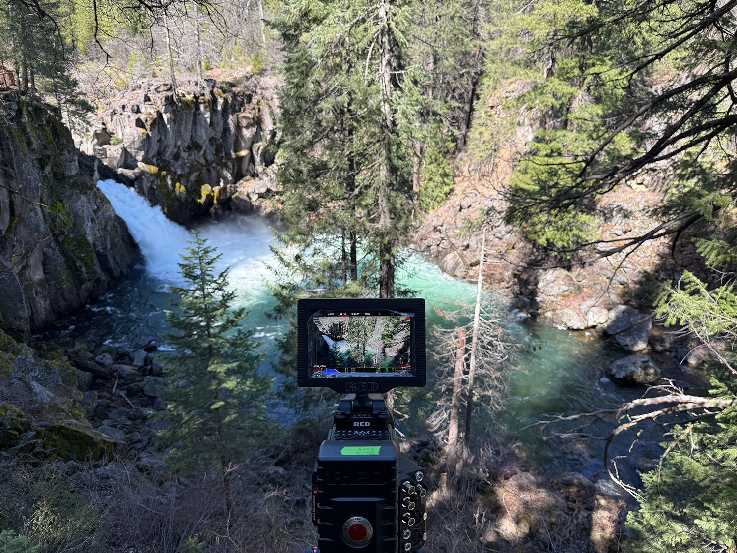 A RED cinema camera sits in front of a water fall and forest full of green conifer trees filming the landscape.