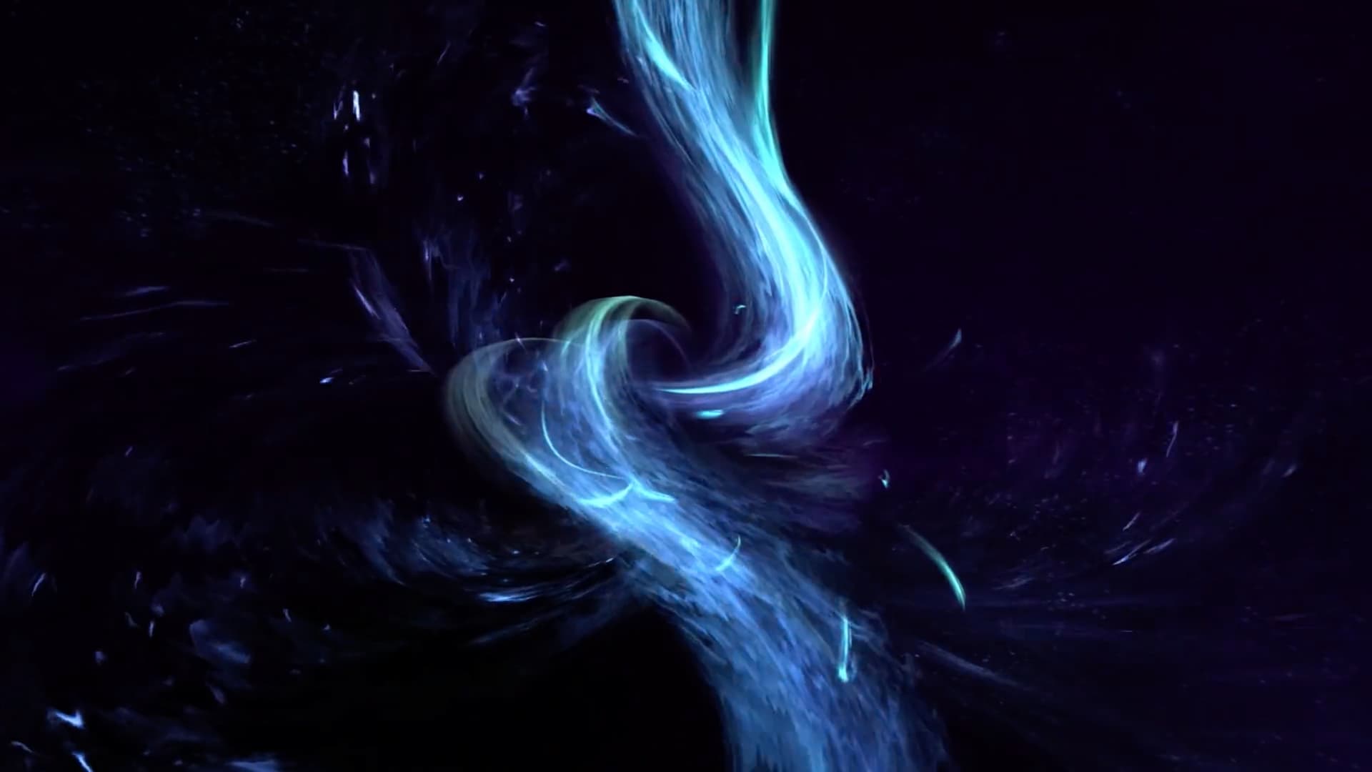 A bright, blue whisp of light curls through the center of a dark background.