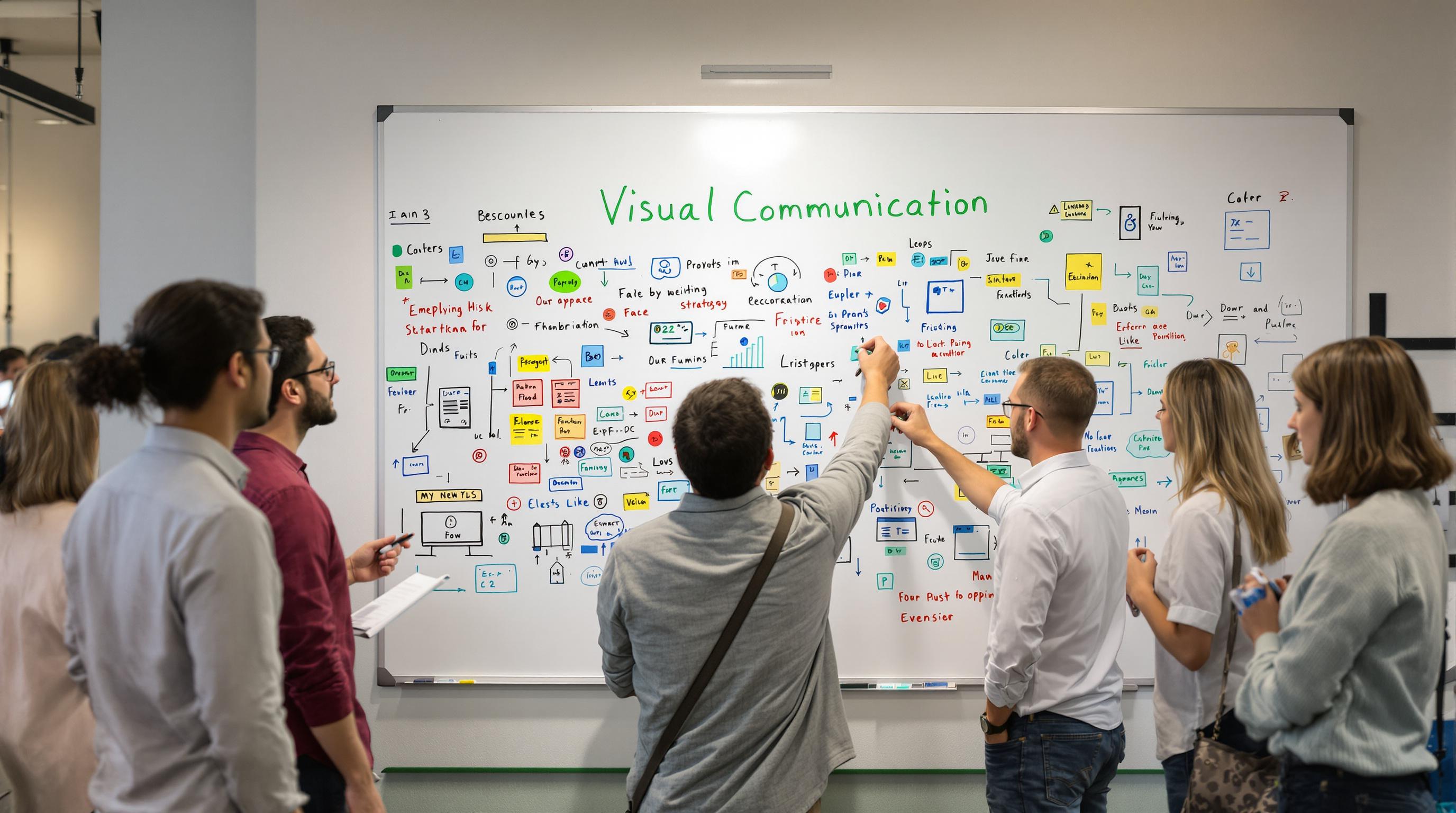 Founder and team discussing visual communication strategies at whiteboard
