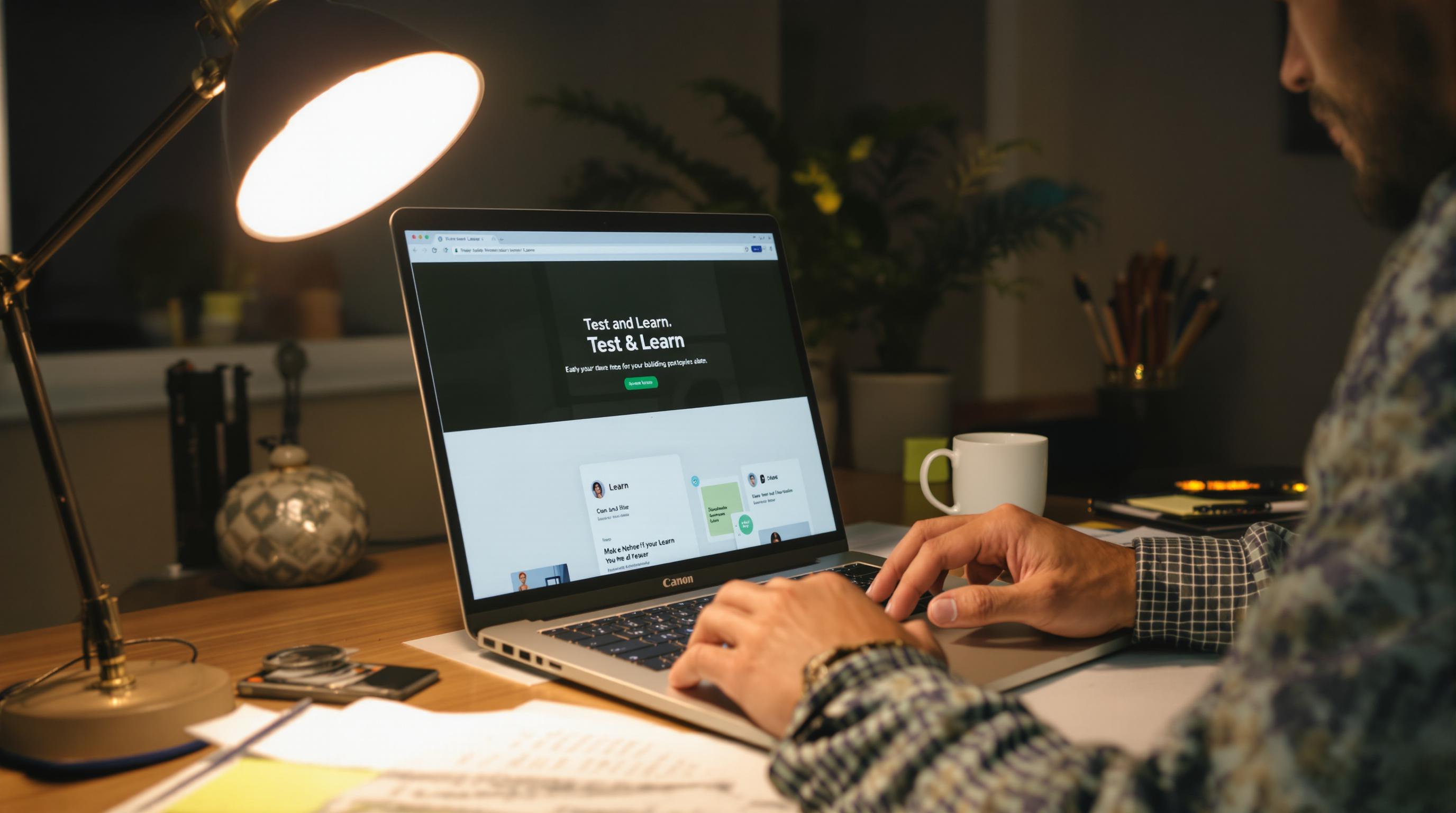 Entrepreneur building MVP website with 'Test & Learn' in header