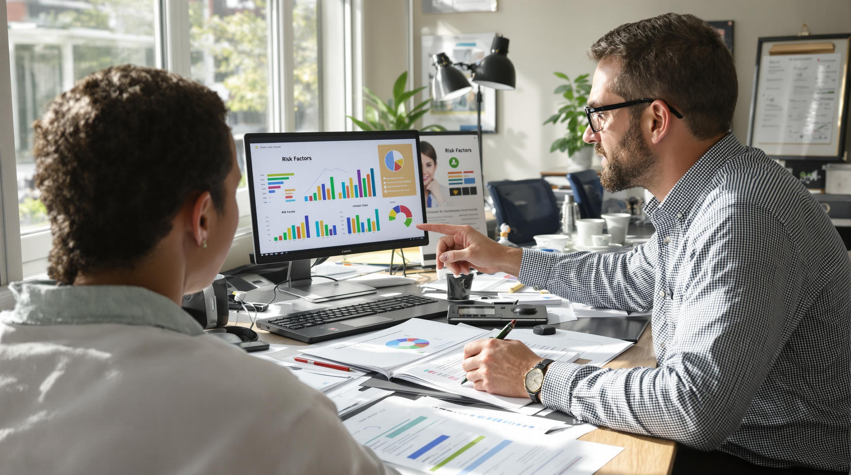 Business owner and advisor review risk factors and charts in office