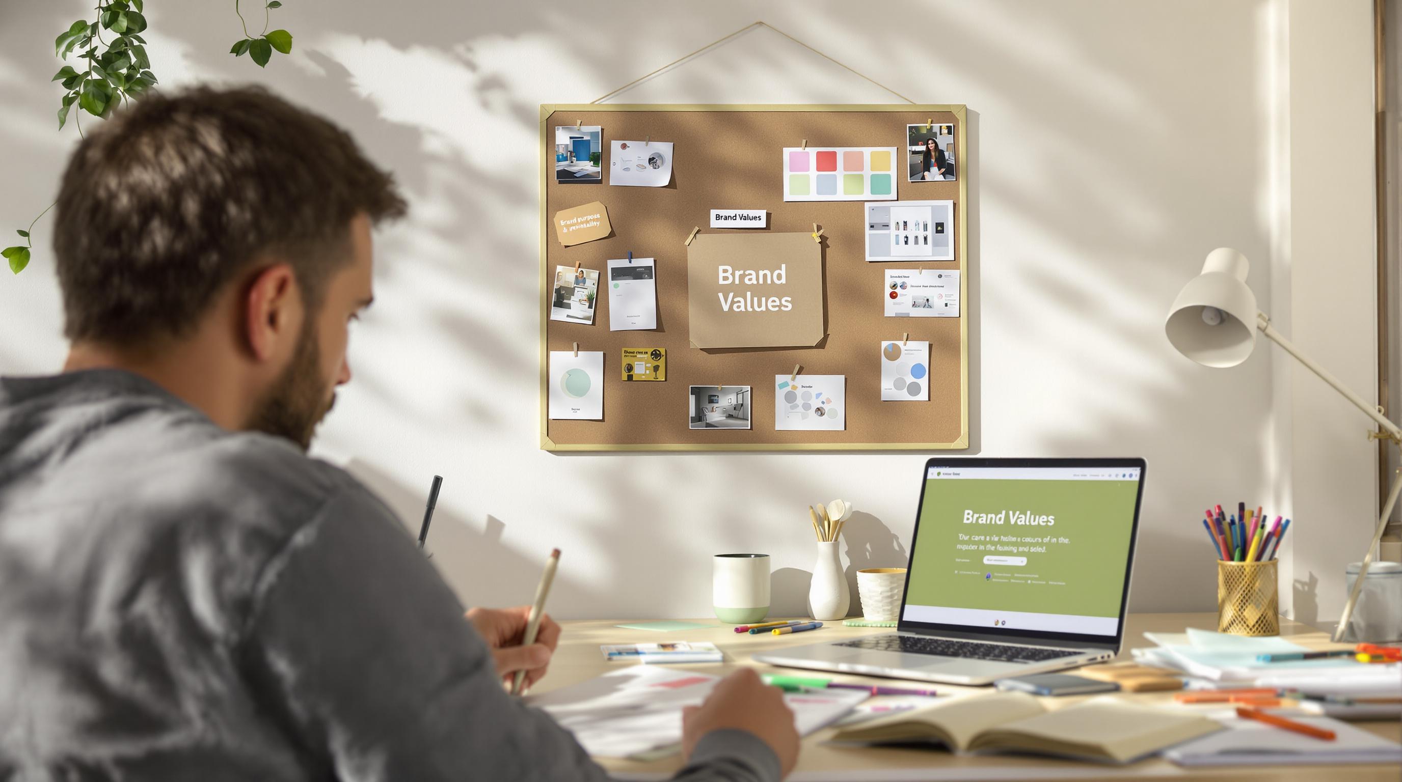 Founder at desk working on brand identity, with 'Brand Values' pinboard