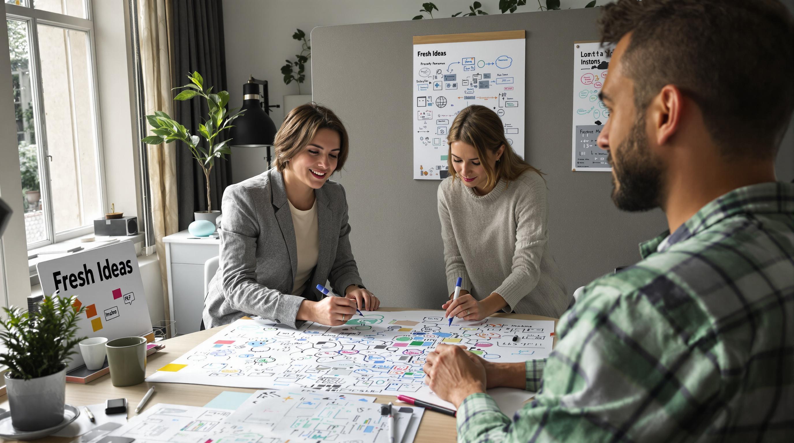 Two people collaborating on colorful mind maps with 'Fresh Ideas' sign