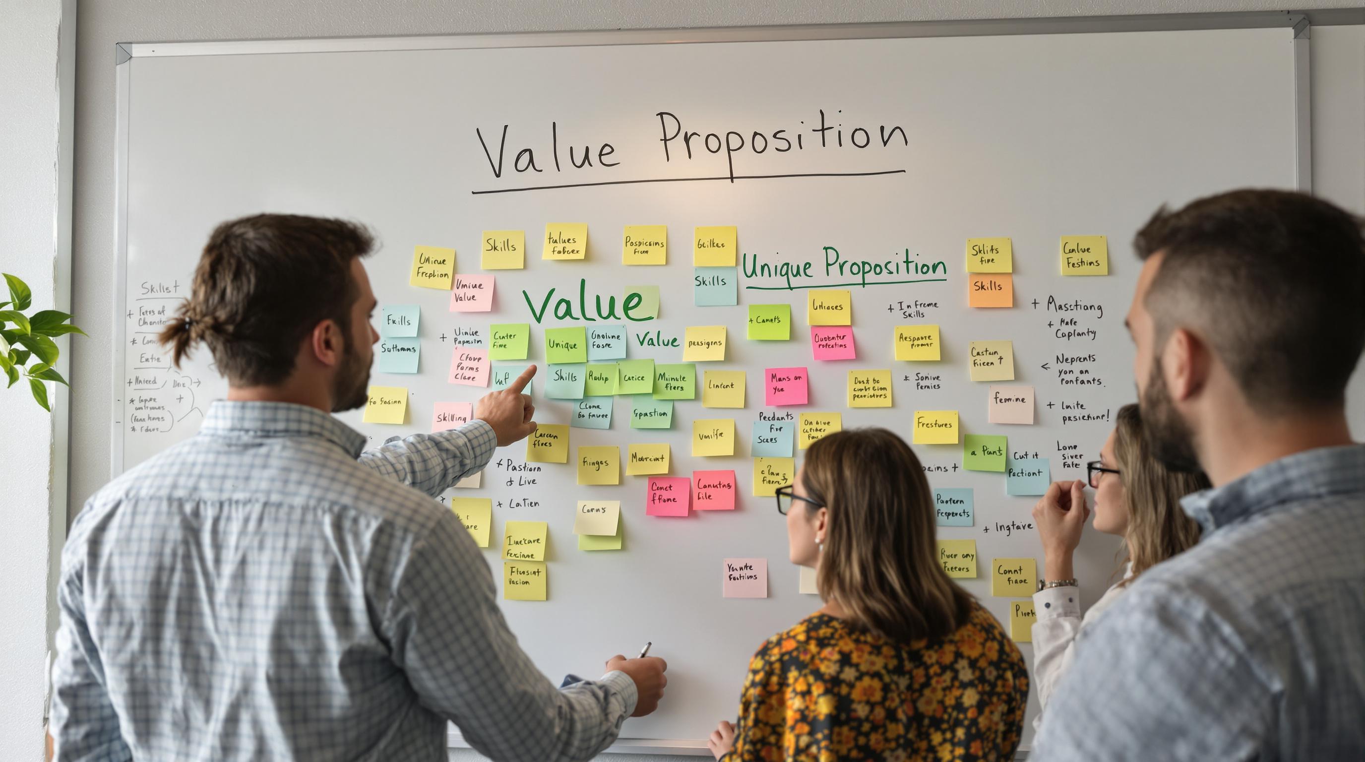 Team collaborating on whiteboard skills map labeled 'Value Proposition'