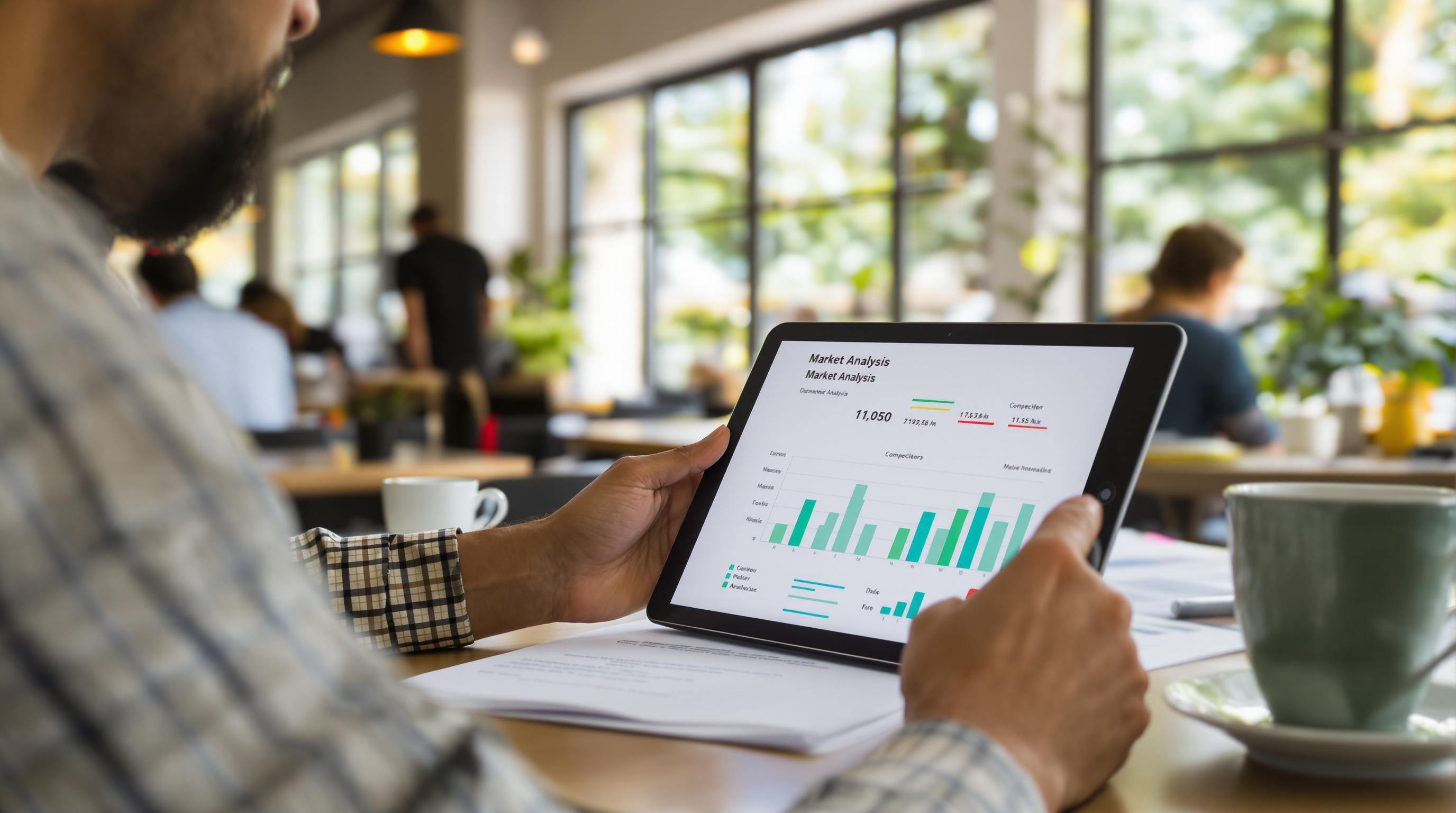 Entrepreneur studies market analysis and competitor data in café setting