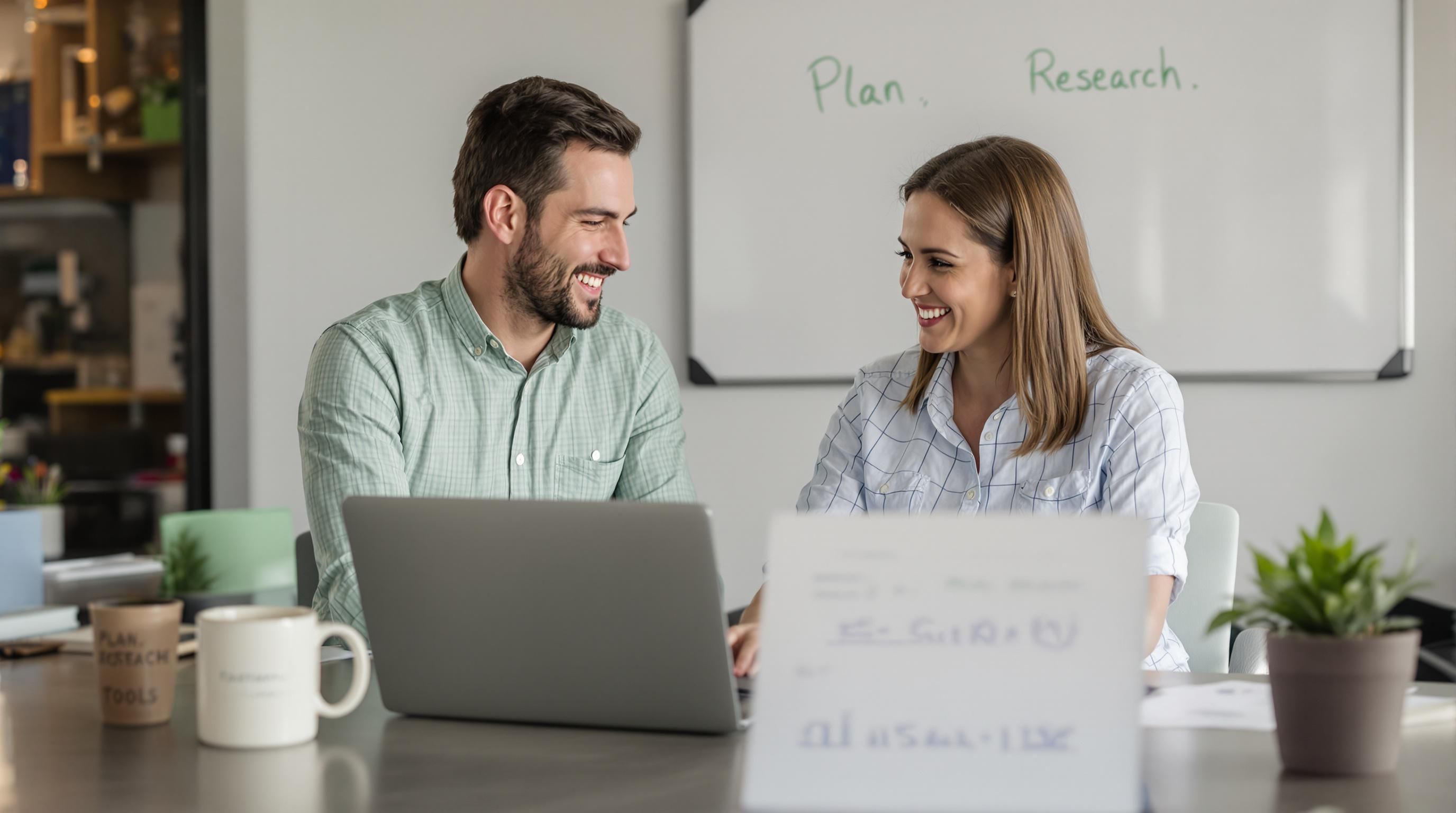 Entrepreneurs researching startup plans using digital tools and a 'Strategic Tools' mug