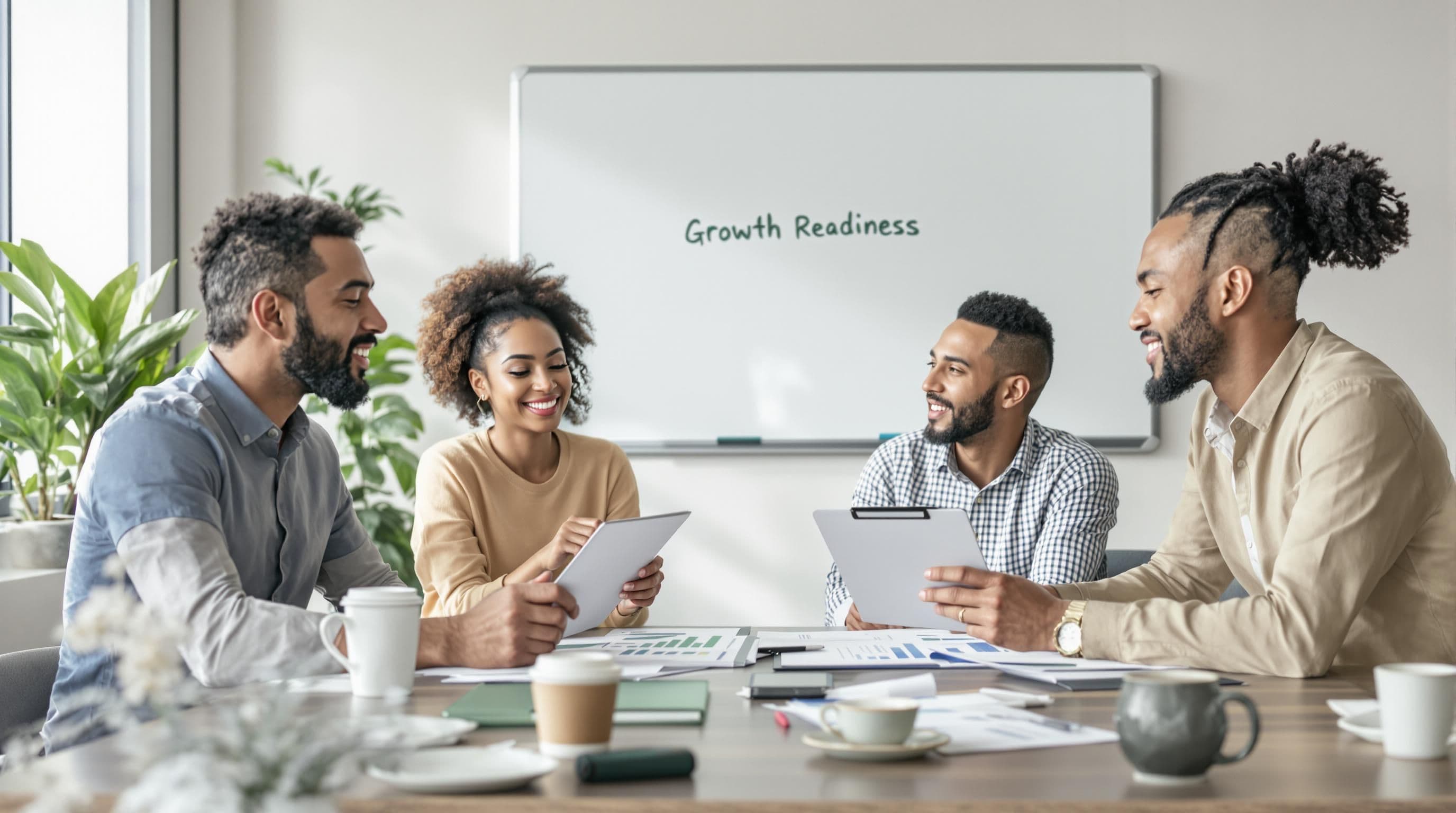 Entrepreneurs reviewing growth data and registration readiness