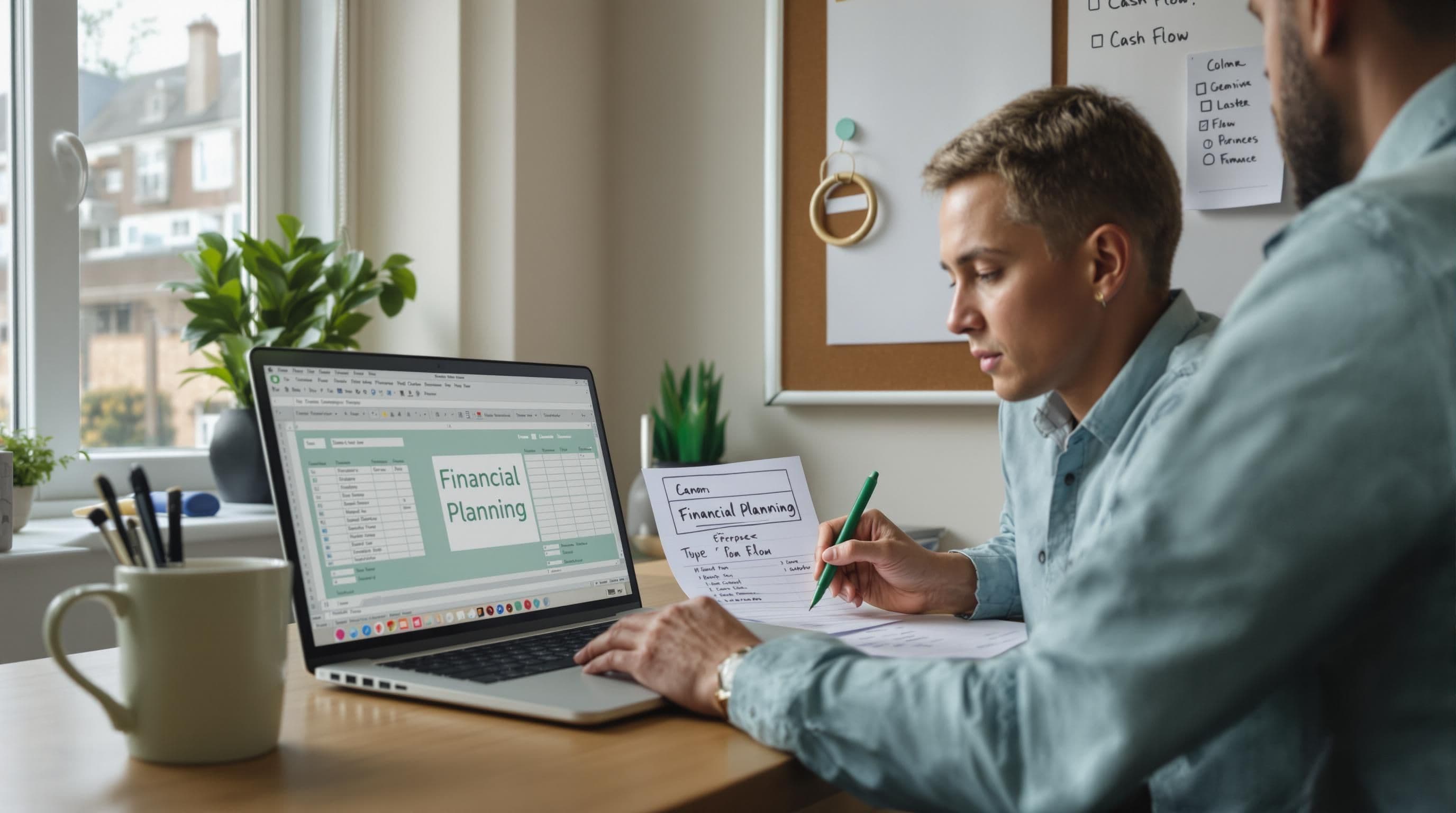 Small business owner reviewing finances, 'Financial Planning' on laptop screen