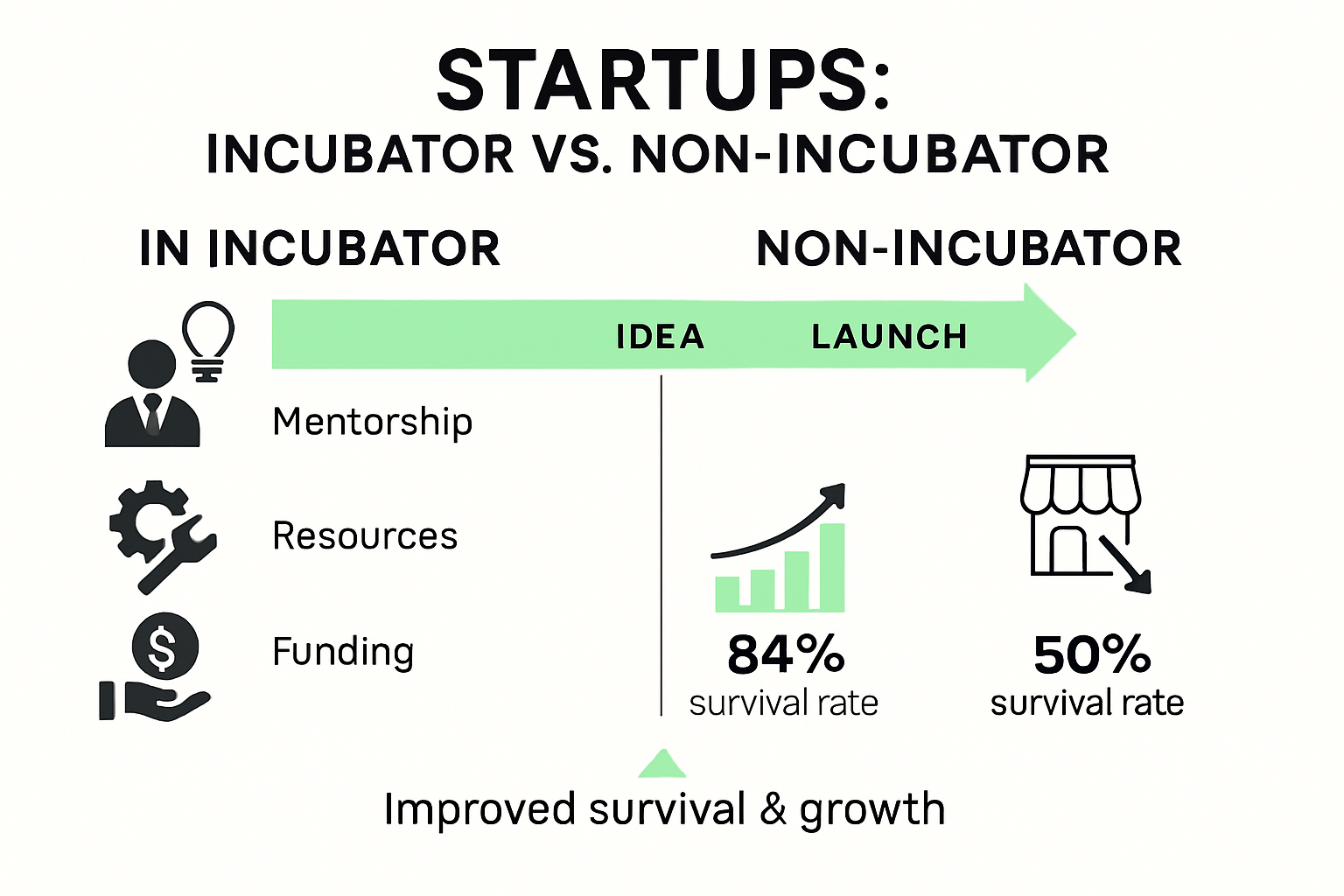 Infographic comparing incubator and non-incubator startup outcomes