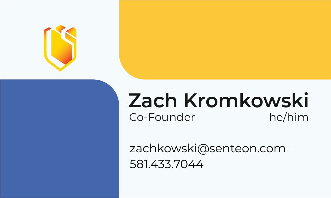 A graphic design of a business card. The design has a rounded yellow square in the top right corner, a rounded blue square in the bottom left corner. The Senteon shield logo is between the squares in the top left corner. The business card information includes full name, job title, pronouns, email, and phone number.