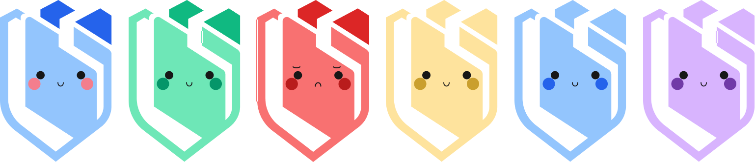 The image shows six monochromatic shields with smiley faces and blush. The shields from left to right are colored in light blue with dark blue accents, green with dark green accents, red with dark red accents, light yellow, light blue, and light purple. 