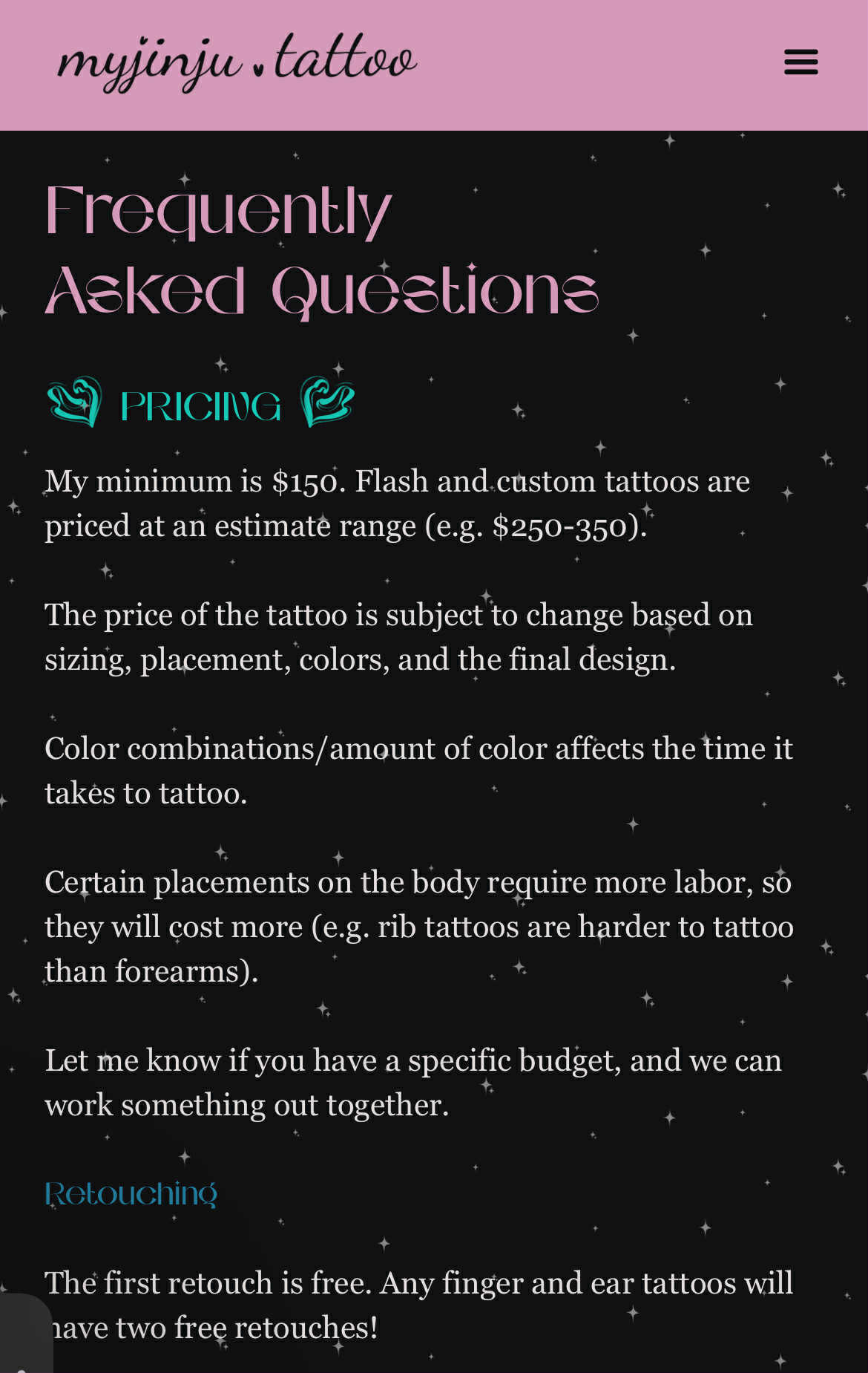 Screen shot of the home page of myjinju-tattoo.webflow.io
