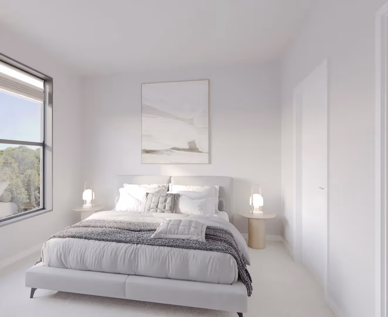 Bright bedroom with a modern upholstered bed, recessed lighting, and a large window in an apartment at Trails at Big Spring in Big Spring, TX.