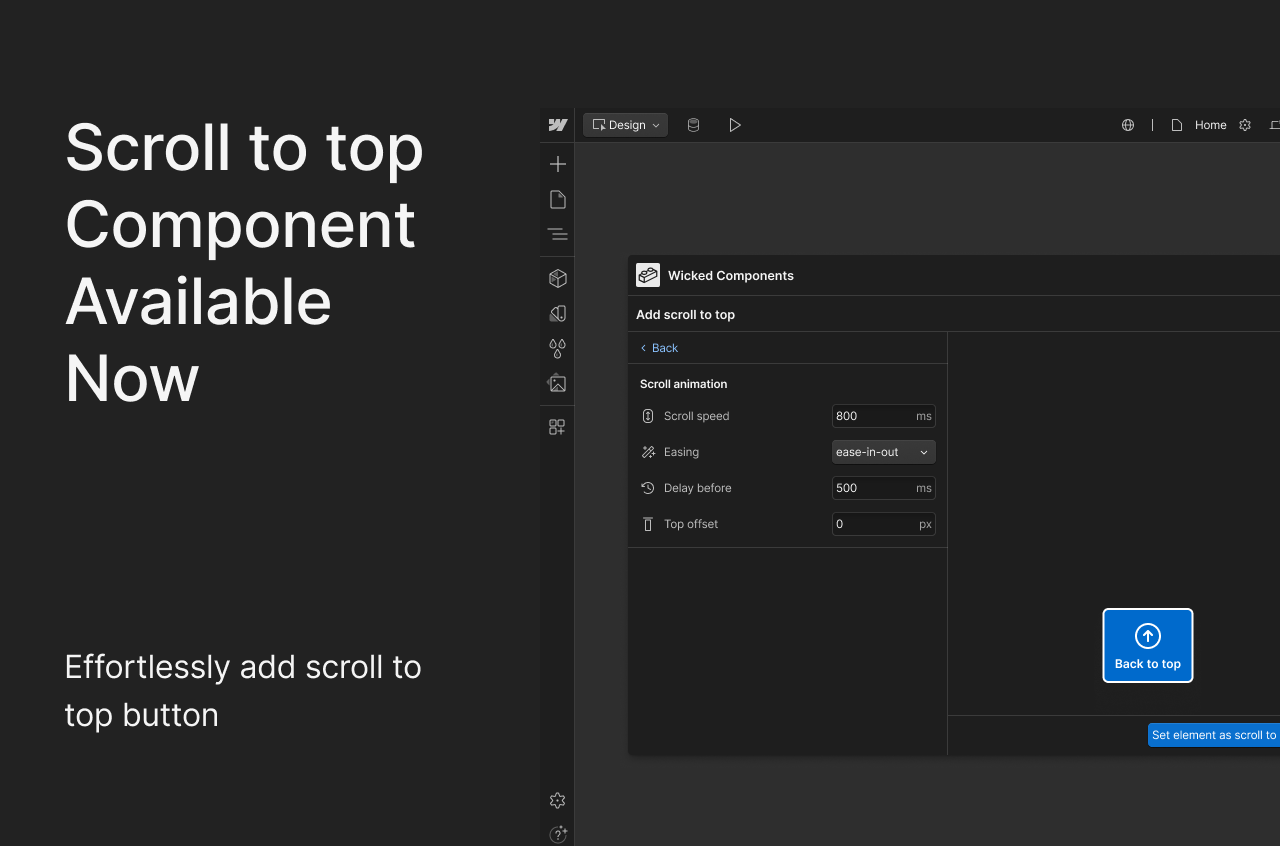 A screenshot of the Wicked Components app in Webflow, showing the settings for the "Scroll to top" feature.